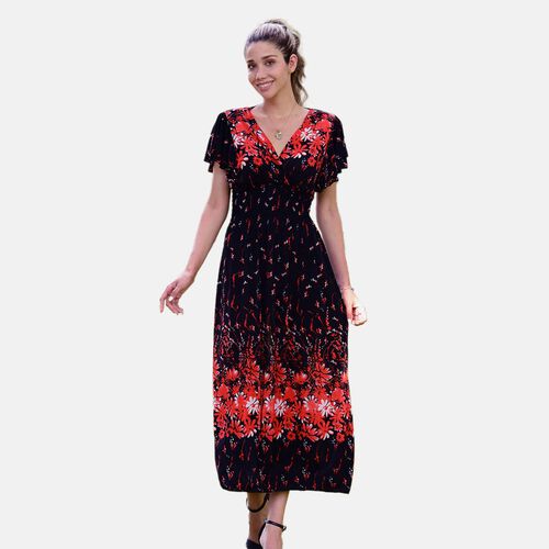 Gesmoktes Maxi-Kleid, Blumenmuster, Schwarz image number 0