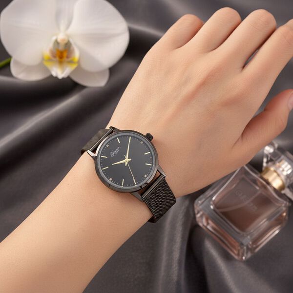 GENOA TIME - V2 Automatik Armbanduhr, Geh&auml;use 316 Edelstahl Sonnenschein Zifferblatt mit wei&szlig;em Diamant Edelstahl Mesharmband, schwarz image number 3