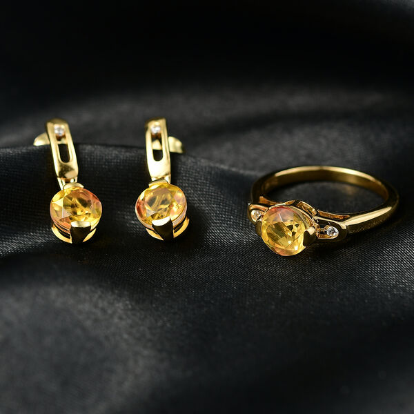 D'Joy Sphaleros Quarz, Wei&szlig;er Zirkon Schmuckset 925 Silber 750 Gelb Vergoldet (Gr&ouml;&szlig;e 17) ca. 4,62 ct. image number 2