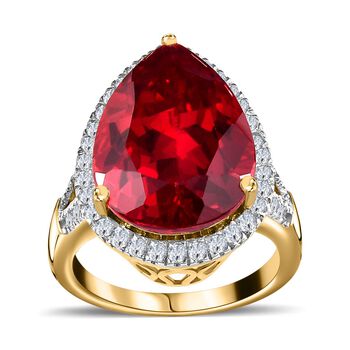 Lab Grown Padparadscha-Saphir, Wei&szlig;er Zirkon Ring, 925 Silber Gelbgold Vermeil, (Gr&ouml;&szlig;e 20.00), ca. 16.76 ct