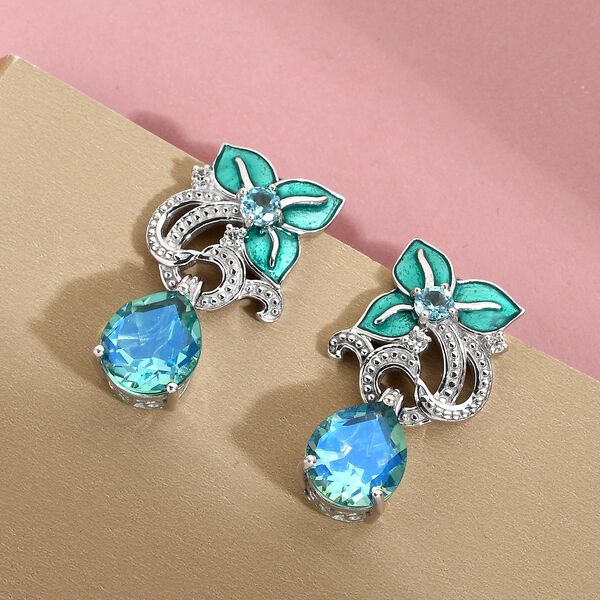 GP Italian Garden Kollektion - Pfau Triplett Quarz, blaue Apatit, Kanchanaburi blauer Saphir und Zirkon florale, emaillierte Ohrh&auml;nger in Silber image number 2