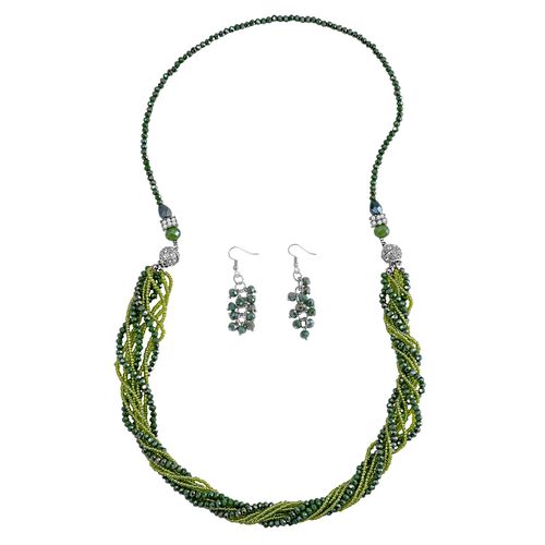 2er Set - Peridot-Farbe Kristall, Weißer Kristall Halskette und Ohrringe image number 0