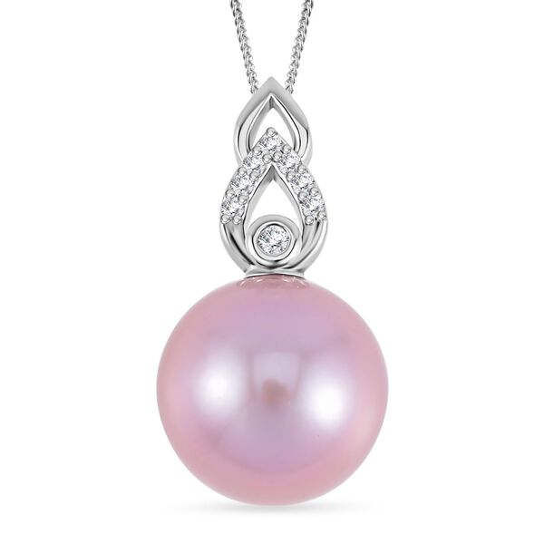 14-15mm lila Edison Perle und Zirkon Anh&auml;nger mit Kette - 0,18 ct.