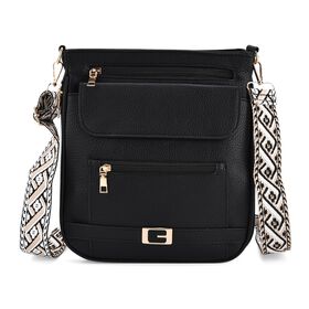 Crossbody-Tasche mit gewebtem Schulterriemen und Reißverschlussfächern, 24x28 cm, Tiefschwarz Crossbody-Tasche mit gewebtem Schulterriemen und Reißverschlussfächern, 24x28 cm, Tiefschwarz