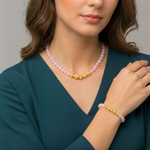 Rosenquarz Schmuckset Legierung gelb vergoldet ca. 430.00 ct image number 3