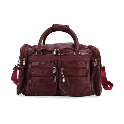 Patchwork-Reisetasche aus Schafleder mit 6 Au&szlig;entaschen und Schulterriemen, 51x29x28 cm, Burgund