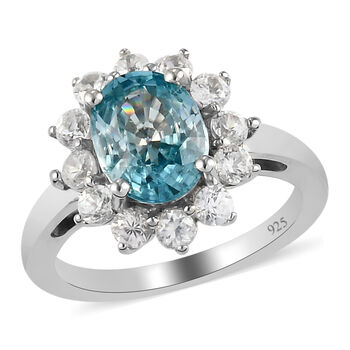 Blauer und Wei&szlig;er Zirkon Ring 925 Silber platiniert