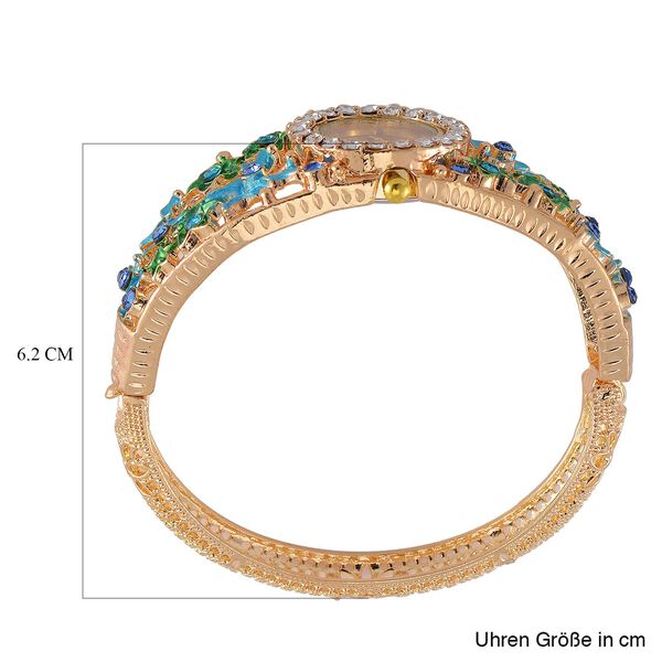 STRADA Bangle-Uhr - Blauer und Wei&szlig;er Kristall, Japanisches PC21S Uhrwerk,  Goldenes Zifferblatt, vergoldet, Edelstahlgeh&auml;use emailliert image number 8