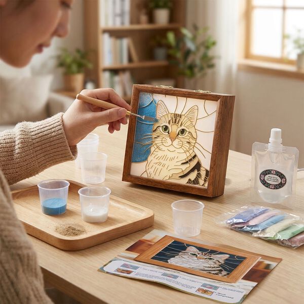 "Golden Lottery Painting              storage box-cat Product size: 23 * 15.3 * 6CM Packaging: 1 piece/white box Function: Storage box, colored sand, water-based eco-friendly adhesive, plastic cup, oil painting scraper" image number 1