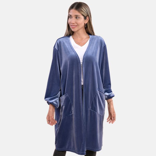 Lange Strickjacke aus Samt, Blau image number 4