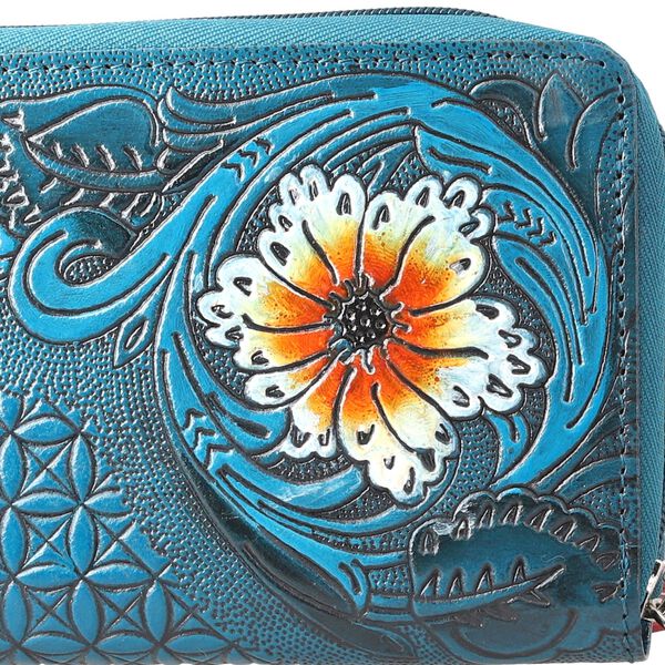 Gepr&auml;gte Lederb&ouml;rse mit RFID Schutz, florales Muster, 20x3x11cm, blau image number 5