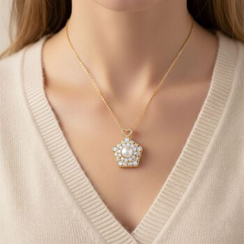 Wei&szlig;e S&uuml;&szlig;wasser Perle (8-10 mm), Wei&szlig;er Zirkonia Schmuckset ca. 50 cm + 5 cm Extender, Nickelfreies Messing, Reines Kupfer vergoldet