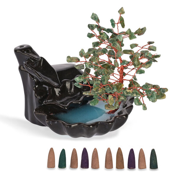 "Green Aventurine Backflow Incense Burner With  Crystal Tree Back Flow Incense Holder With 30 Incense Cones Size:- 18 X 10 X 20 Cms Color- Green "