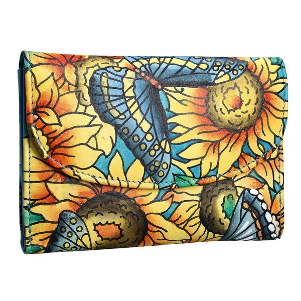 SUKRITI - handbemalte Bi-Fold Geldb&ouml;rse aus echtem Leder mit RFID Schutz, Schmetterling, 14x9,52 cm, T&uuml;rkis image number 4