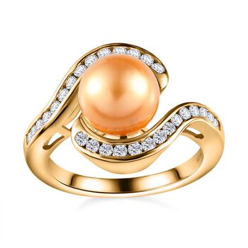 Goldene S&uuml;dsee Perle, Moissanit Ring, (9-11mm), 925 Silber Gelbgold Vermeil (Gr&ouml;&szlig;e 20.00) ca. 0.56 ct