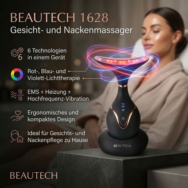 BEAUTECH Gesichts und Halsbehandlungsmassageger&auml;t, mit Nano-Lichttherapie, 1640 mAh, Schwarz image number 3