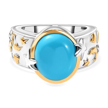 LIMITIERTE AUFLAGE - SEHR SELTENE (12x10mm) AA Amerikanischer nat&uuml;rlicher Sleeping Beauty T&uuml;rkis, Wei&szlig;er Zirkon Ring 925 Silber Rhodiniert und 750 Gelbgold Vermeil (Gr&ouml;&szlig;e 16.00) ca. 4.38 ct