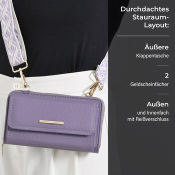 Crossbody-Tasche mit Klappfach, gemustertem Trageriemen und RFID-Schutz - 19x5x11 cm, Lila