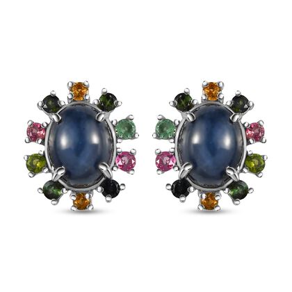 GP Celestial Kollektion - Blauer Stern Saphir (Diffundierter) und Mehrfach-Turmalin Ohrringe, 925 Silber platiniert ca. 6.96 ct