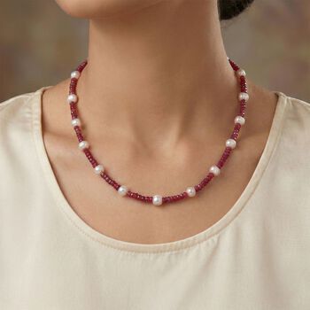 Afrikanischer Rubin (Fissure gef&uuml;llt), S&uuml;&szlig;wasser Perle (2-3 mm) Halskette ca. 45 cm 925 Silber rhodiniert