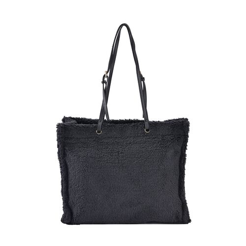 Kunstfell-Schultertasche mit Schulterriemen, , Schwarz image number 0