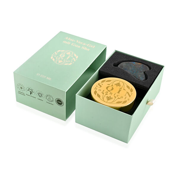"ALOE VERA gel with Gemstone Rose quartz - 225 ml Gua Sha Size  Color - Green Box Size- 17 - x 11  x 7 cm Gua sha Dimension - 7 x 4.5 cm", " Labradorite Gemstone Gua sha  Size - 7 x 4.5 cm Color- Brown" image number 6