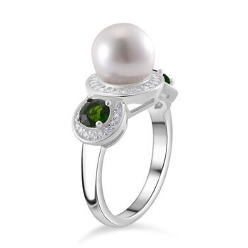 Wei&szlig;e Muschelkernperle, Nat&uuml;rlicher Chromdiopsid Ring 925 Silber platiniert (Gr&ouml;&szlig;e 16.00)