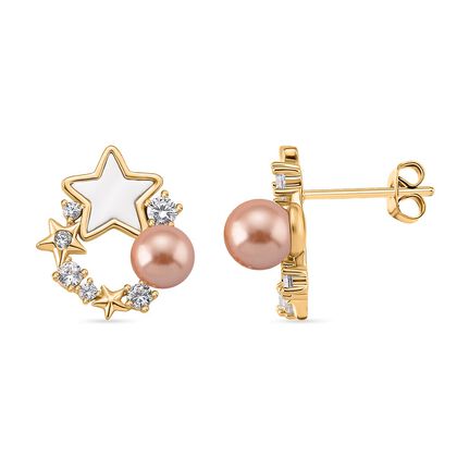 Pfirsich Muschelperle (5-7 mm), Wei&szlig;es Perlmutt Ohrringe, Nickelfreies Messing, golfarben