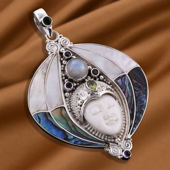 Sajen Silver- Ochse Knochen, Regenbogen Mondstein und Multi Edelstein Anh&auml;nger - 12,88 ct.