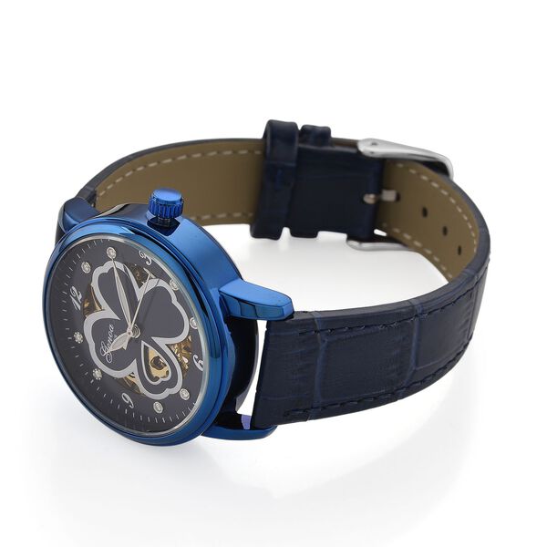 GENOA TIME V2 Automatikuhr mit Automatikwerk, Zifferblatt mit Blumenmuster und Moissaniten, blaues Lederarmband, 36 mm, ca. 0,08 ct. image number 5