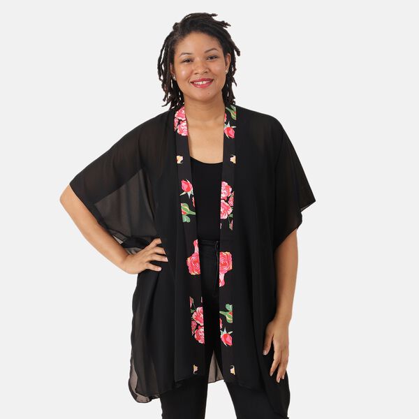 Chiffon Kimono mit bedruckter Bord&uuml;re, Einheitsgr&ouml;&szlig;e Schwarz&nbsp;