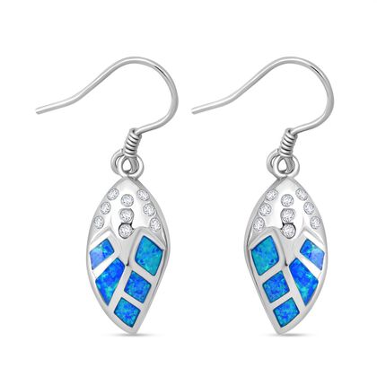 Simulierter Blauer Opal, Wei&szlig;er Zirkonia Ohrringe 925 Silber rhodiniert