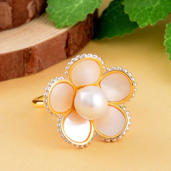 Wei&szlig;e S&uuml;&szlig;wasser Perle, Wei&szlig;es Perlmutt Ring, 925 Silber Bicolor (Gr&ouml;&szlig;e 16.00) image number 1