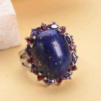 Lapislazuli, fuchsiafarbener und lila Kristall-Ring - 10 ct.