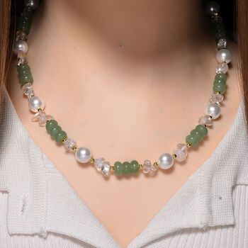 Wei&szlig;e Muschelkernperle (9-11 mm), Gr&uuml;ner Quarz Halskette, ca. 45 cm+ 5 cm Extender, vergoldet