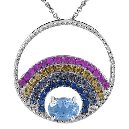 AA Himmelblauer Topas, Mehrfarbiger Saphir Anh&auml;nger mit Kette, 925 Silber rhodiniert ca. 2.08 ct