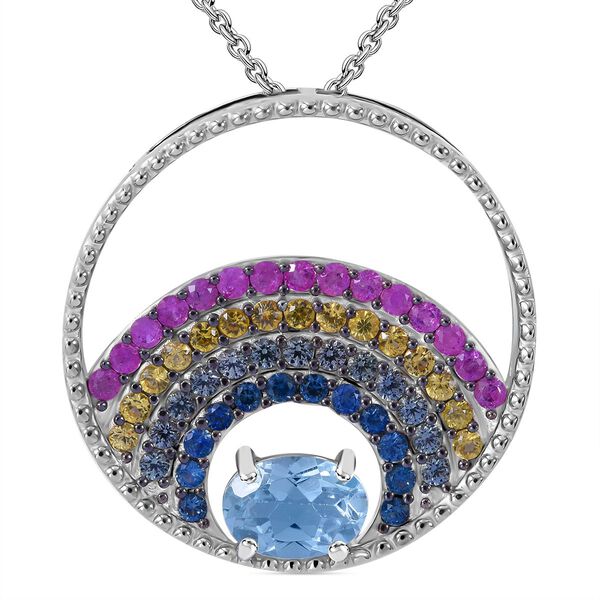 AA Himmelblauer Topas, Mehrfarbiger Saphir Anh&auml;nger mit Kette, 925 Silber rhodiniert ca. 2.08 ct