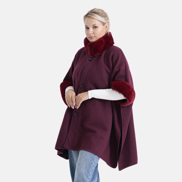 LA MAREY - Signature Kunstfell-Poncho mit Plüschkragen und Umschlagärmeln, Einheitsgröße, Bordeauxrot image number 3