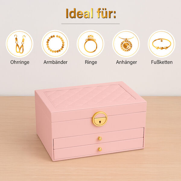 3-lagige Schmuckbox aus PU mit Diamantmuster und 5 Silberputztüchern, Rosa image number 4
