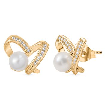 S&uuml;&szlig;wasser Perle (6-6.5 mm), Wei&szlig;e Zirkon Ohrringe, Messing