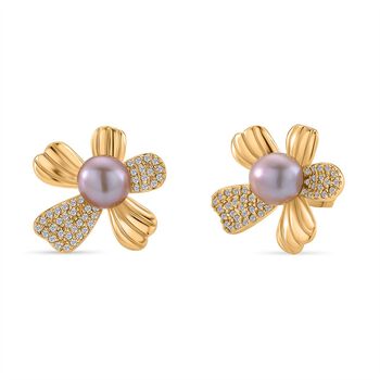 Lila S&uuml;&szlig;wasser Perle (6-8 mm), Wei&szlig;er Zirkonia Ohrringe Nickelfreies Messing vergoldet