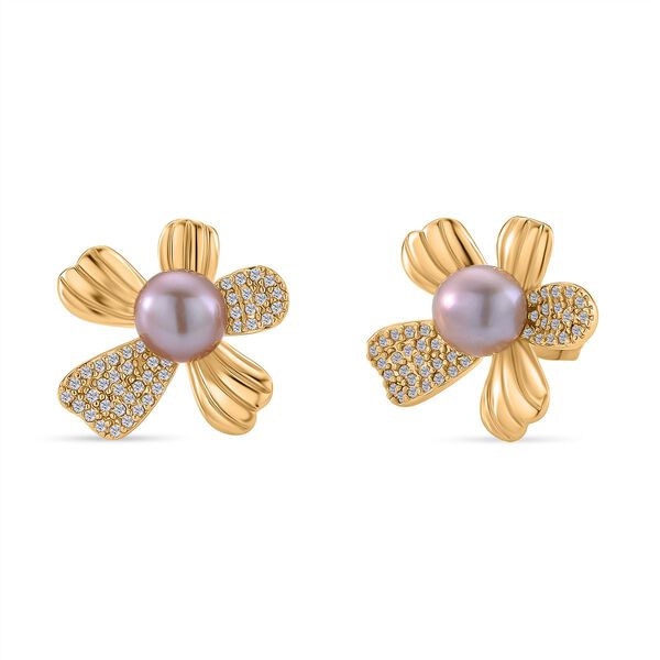 Lila S&uuml;&szlig;wasser Perle (6-8 mm), Wei&szlig;er Zirkonia Ohrringe Nickelfreies Messing vergoldet