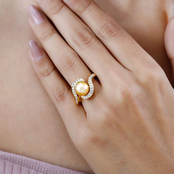 Goldene S&uuml;dsee Perle, Moissanit Ring, (9-11mm), 925 Silber Gelbgold Vermeil (Gr&ouml;&szlig;e 20.00) ca. 0.56 ct image number 2