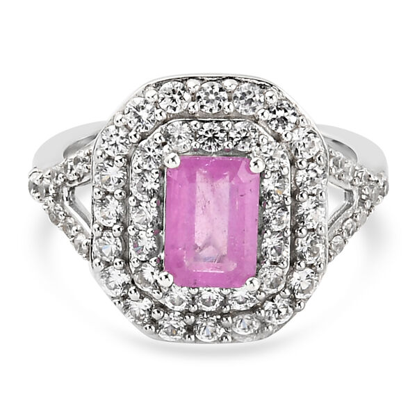 Rosa Saphir und Zirkon-Halo-Ring, 925 Silber platiniert, 2,97 ct.
