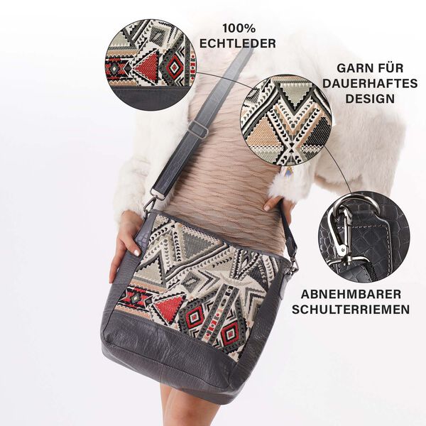 Crossbody Bag mit Krokopr&auml;gung aus echtem Leder und Jacquard mit Laptop-H&uuml;llen, schwarz image number 5