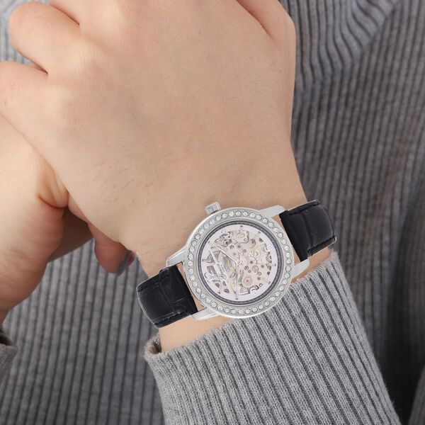 GENOA TIME V2 Automatik-Uhr mit Mechanischem Uhrwerk, Stahlfarbenem Gehäuse und Schwarzem Lederarmband image number 3