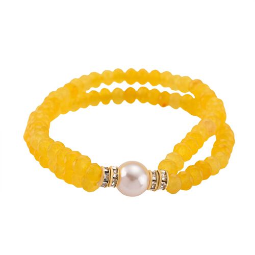 Weiße Muschelkernperle-Armband mit Gelbem Quarzit und Weißem Kristall, flexibel, vergoldet image number 0