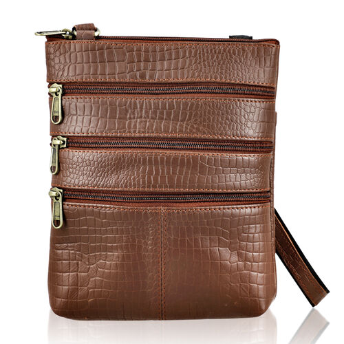 CLOSE OUT - Echtleder Crossbody Tasche mit Kroko Prägung, Multi-Fächer, 20 x 24 cm, Marineblau