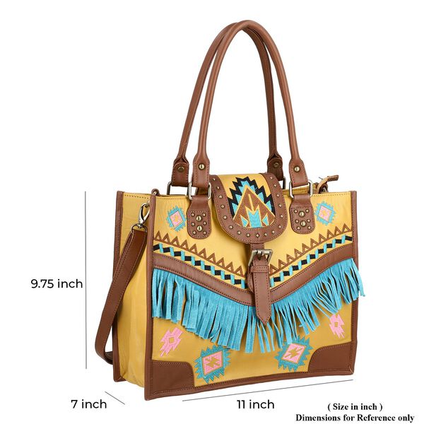 Handgefertigte Umhängetasche aus Echtleder mit Stickerei, Fransen und geometrischem Muster, Magnetverschluss, 28x24x18cm, Gelb-Braun image number 8