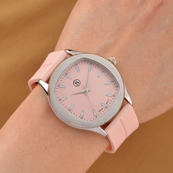 STRADA - Uhr mit japanischem Uhrwerk, silbernem Gehäuse und rosanem Silikonarmband image number 2